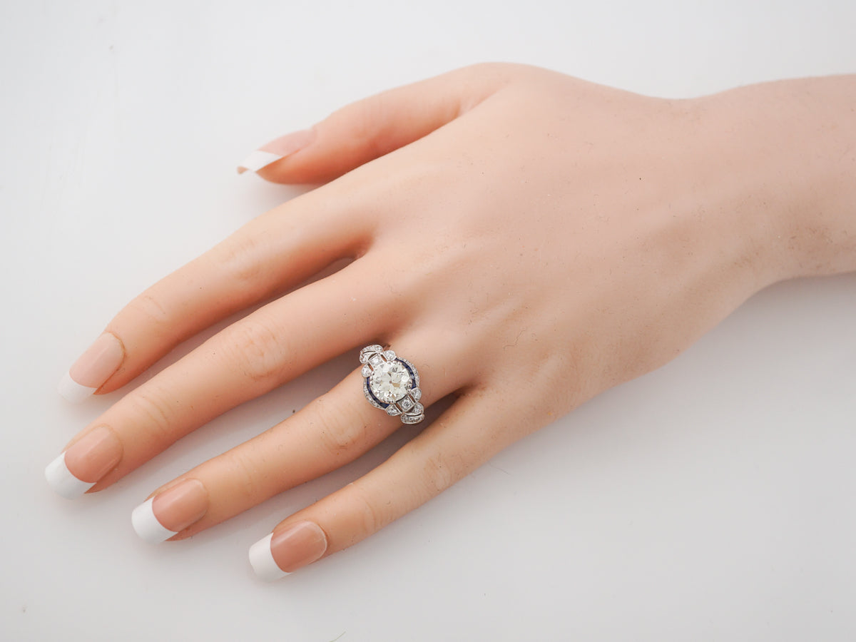 Two Carat Old European Cut Diamond & Sapphire Engagement Ring