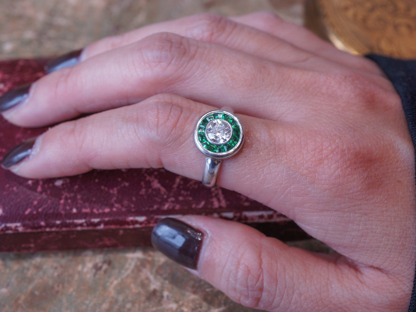 Old European Cut Diamond w/ Emerald Halo Cocktail Ring 18k White Gold