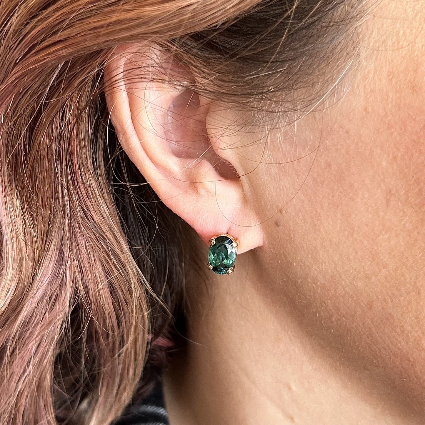 Blue Green Oval Cut Tourmaline Stud Earrings in 14k Yellow Gold