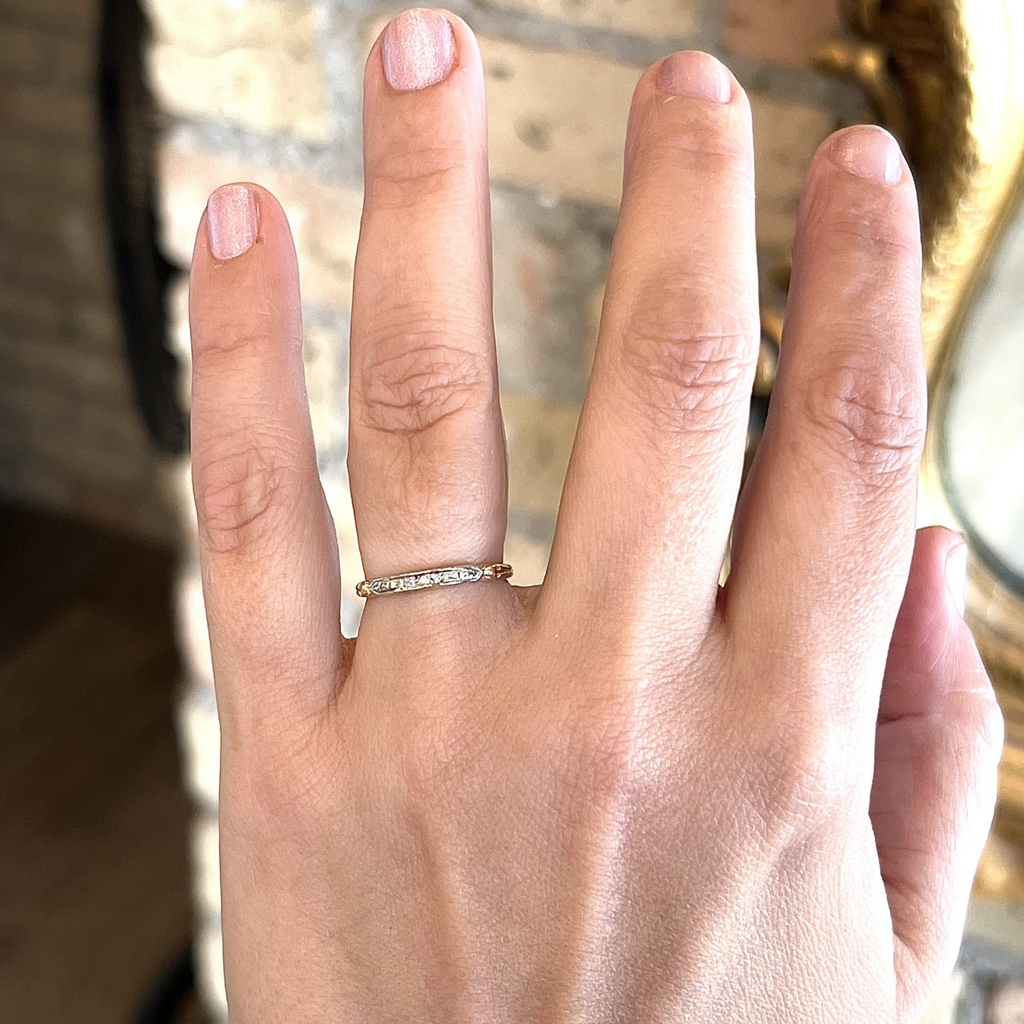 Retro Three Stone Diamond Wedding Band in 14k Gold