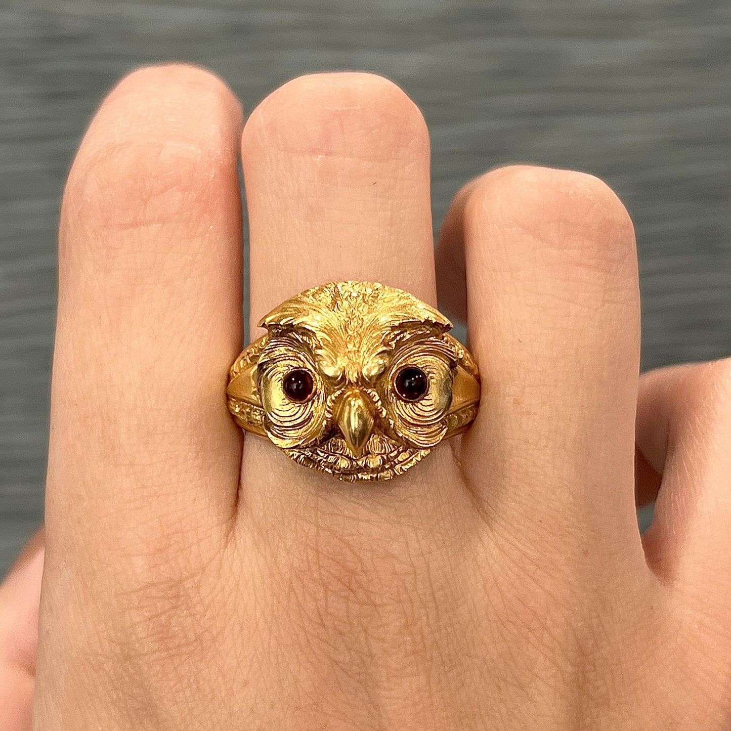 Men's Antique Victorian Garnet Owl Ring in 18k Yellow Gold