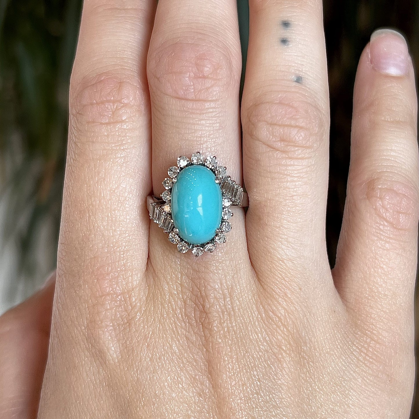 Mid-Century Turquoise & Diamond Cocktail Ring 18k White Gold