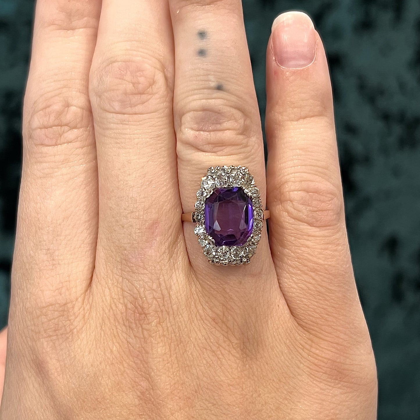 Victorian Amethyst Halo Cocktail Ring in 14k Rose & White Gold