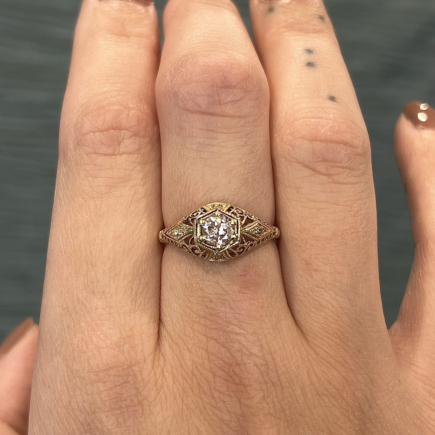 Solitaire Filigree Art Deco Engagement Ring in 14k Yellow Gold