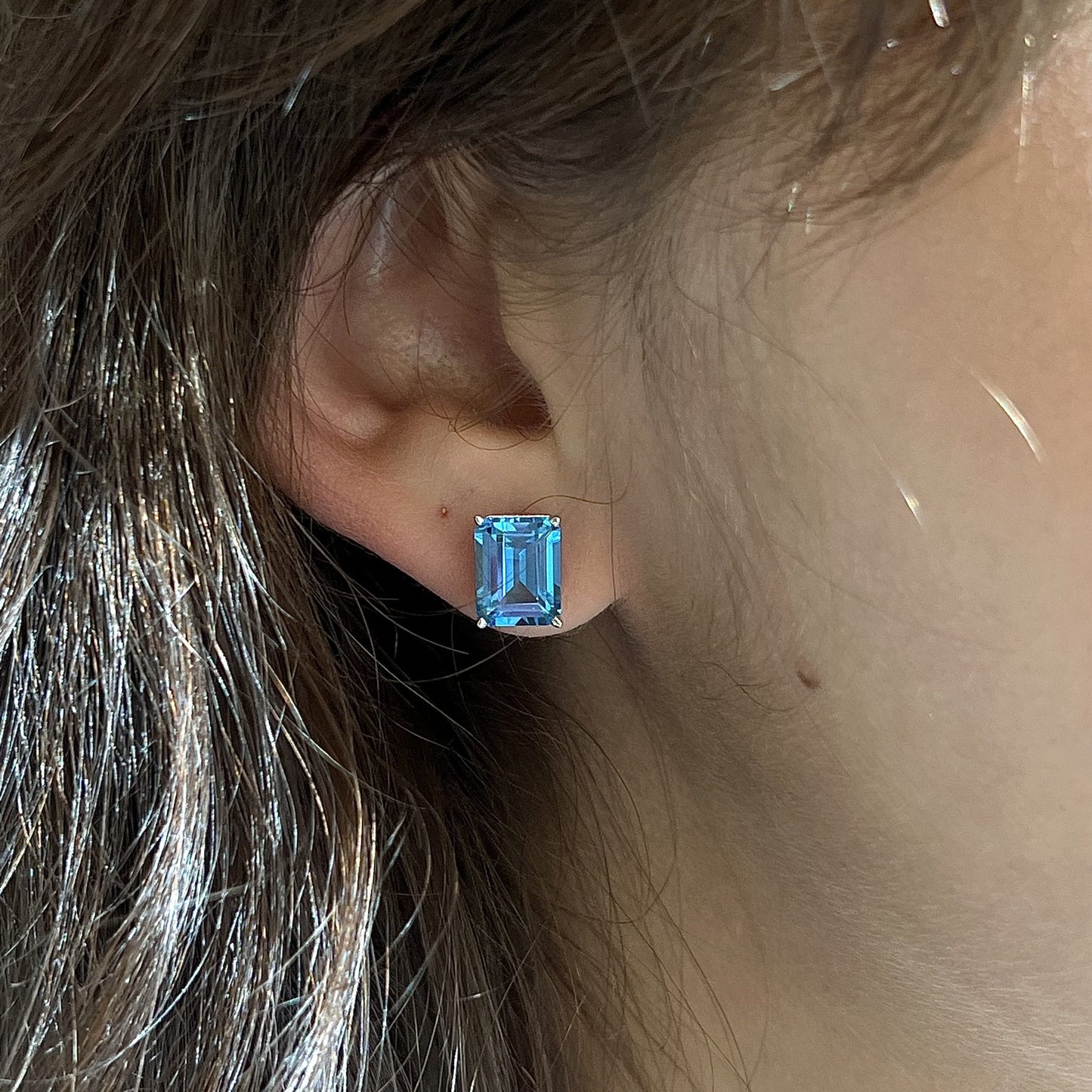 Modern Blue Topaz Stud Earrings in 14k White Gold