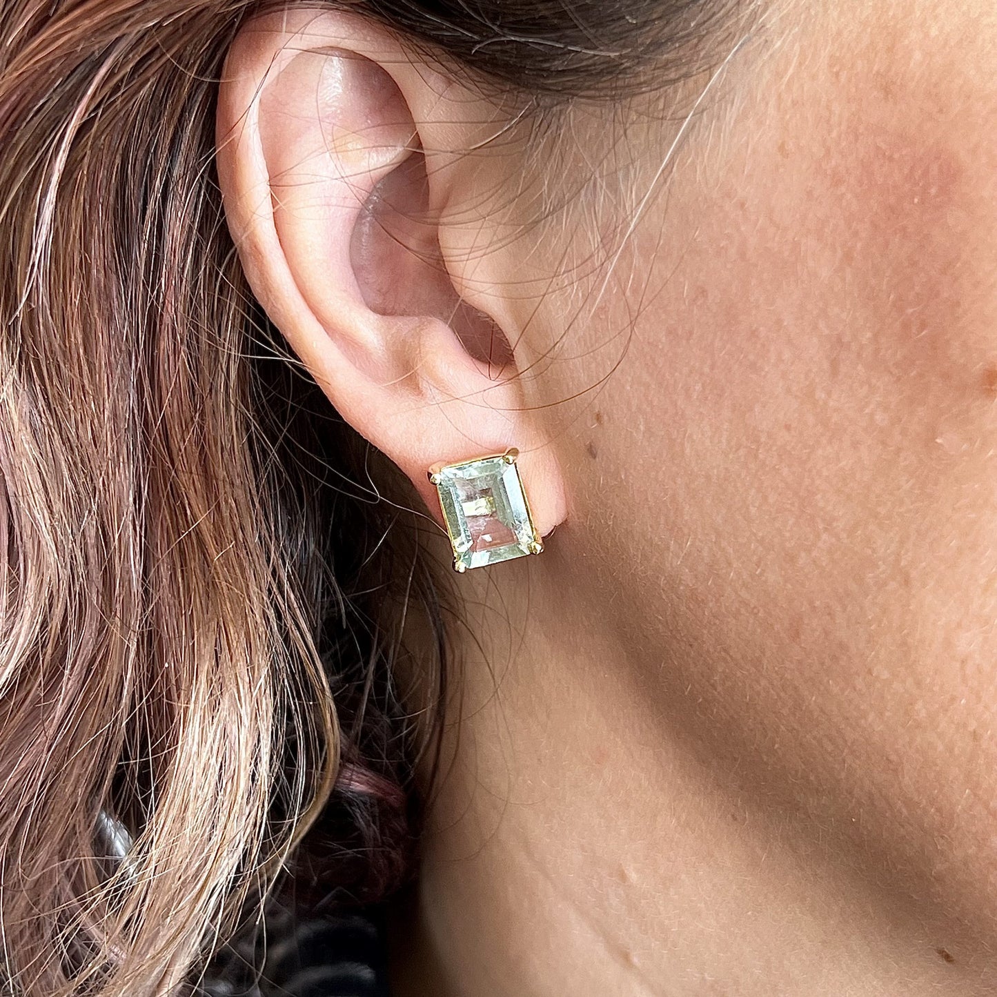 Large Emerald Cut Aquamarine Stud Earrings in 14k Yellow Gold