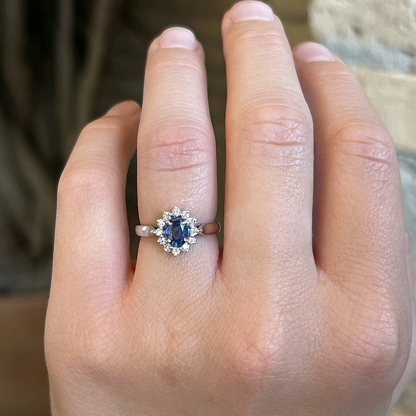 Modern Blue Sapphire & Diamond Halo Ring in 14k White Gold