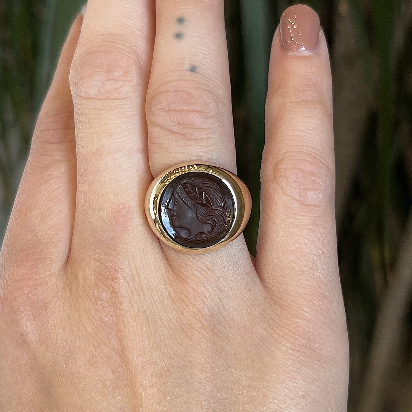 Mid-Century Sardonyx Intaglio Cocktail Ring in 10k Yellow Gold