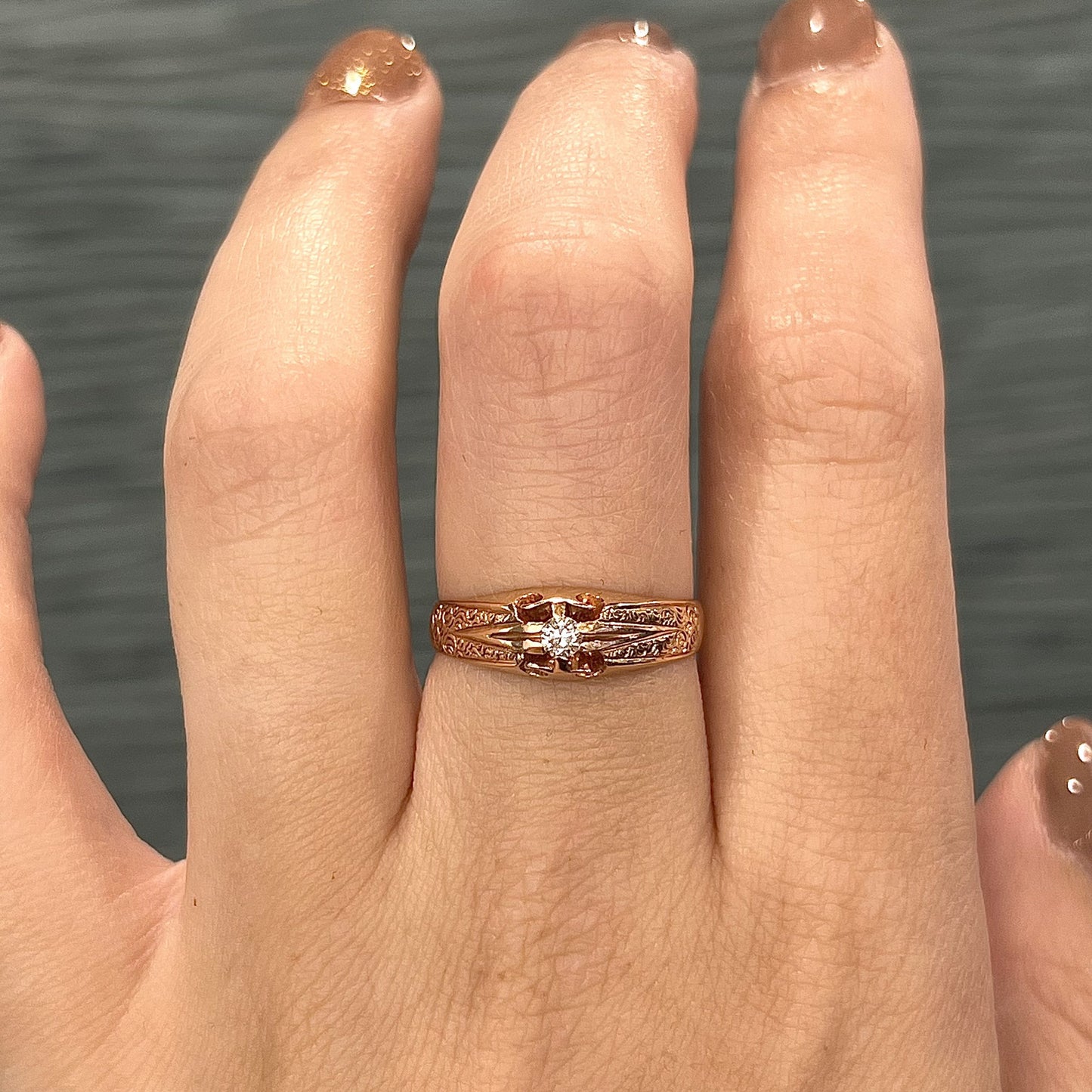 Victorian Engraved Single Diamond Ring in 14k Rose Gold