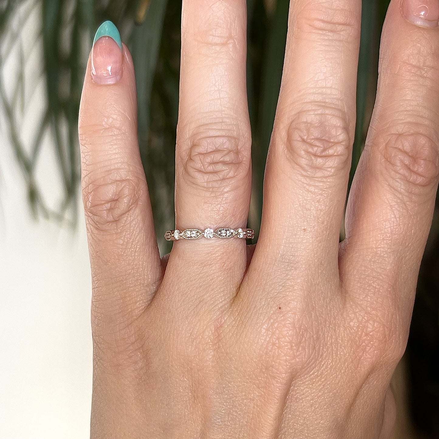 Milgrain Station Diamond Wedding Band in 14k White Gold