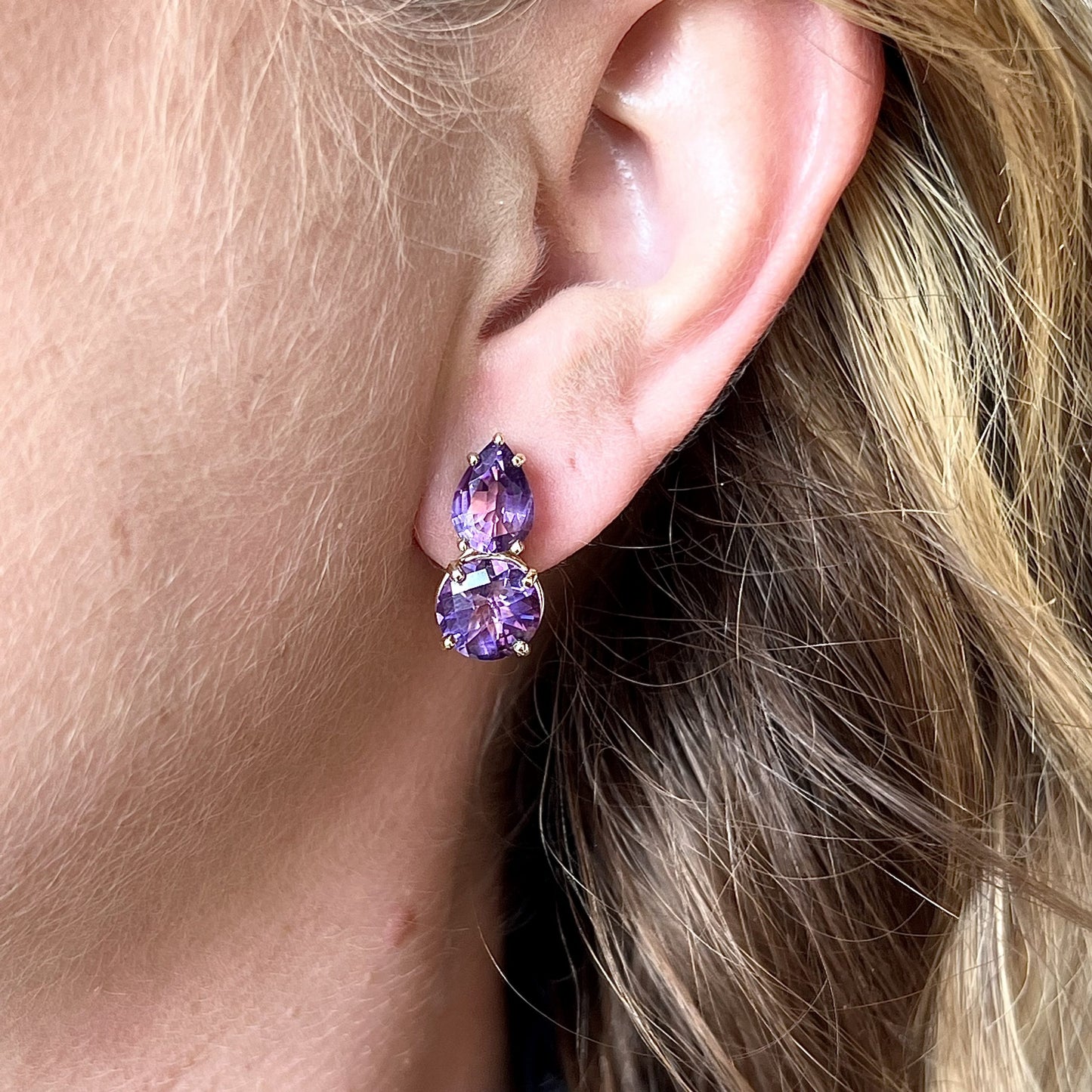 Pear & Round Cut Amethyst Stud Earrings in 14k Yellow Gold