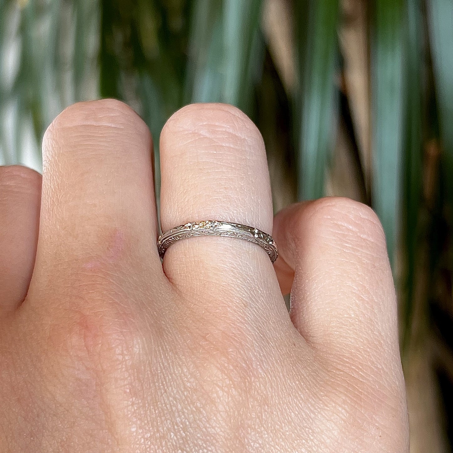 Art Deco Ornate Engraved Wedding Band in 18k White Gold