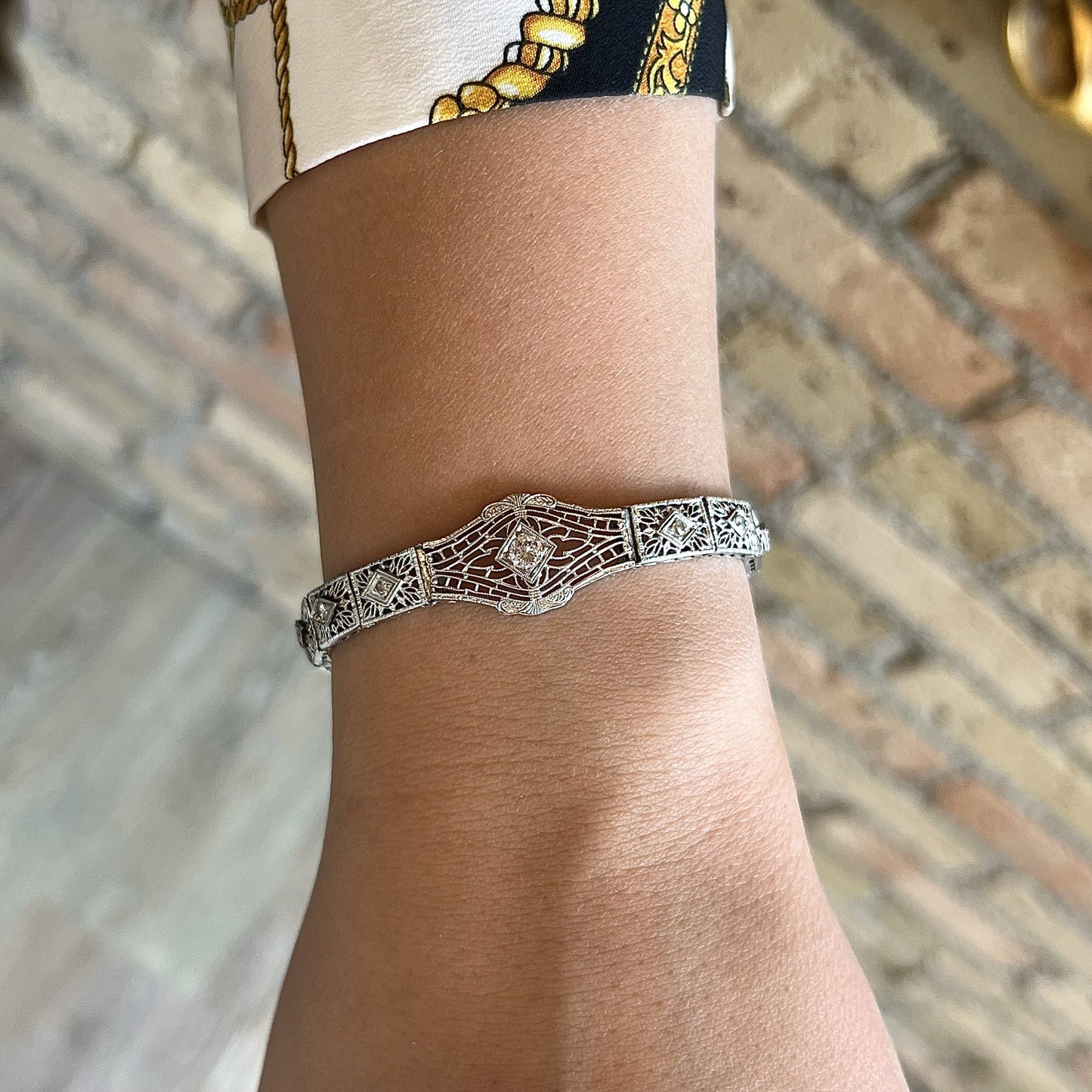 Antique Art Deco Filigree Diamond Bracelet in 14k White Gold
