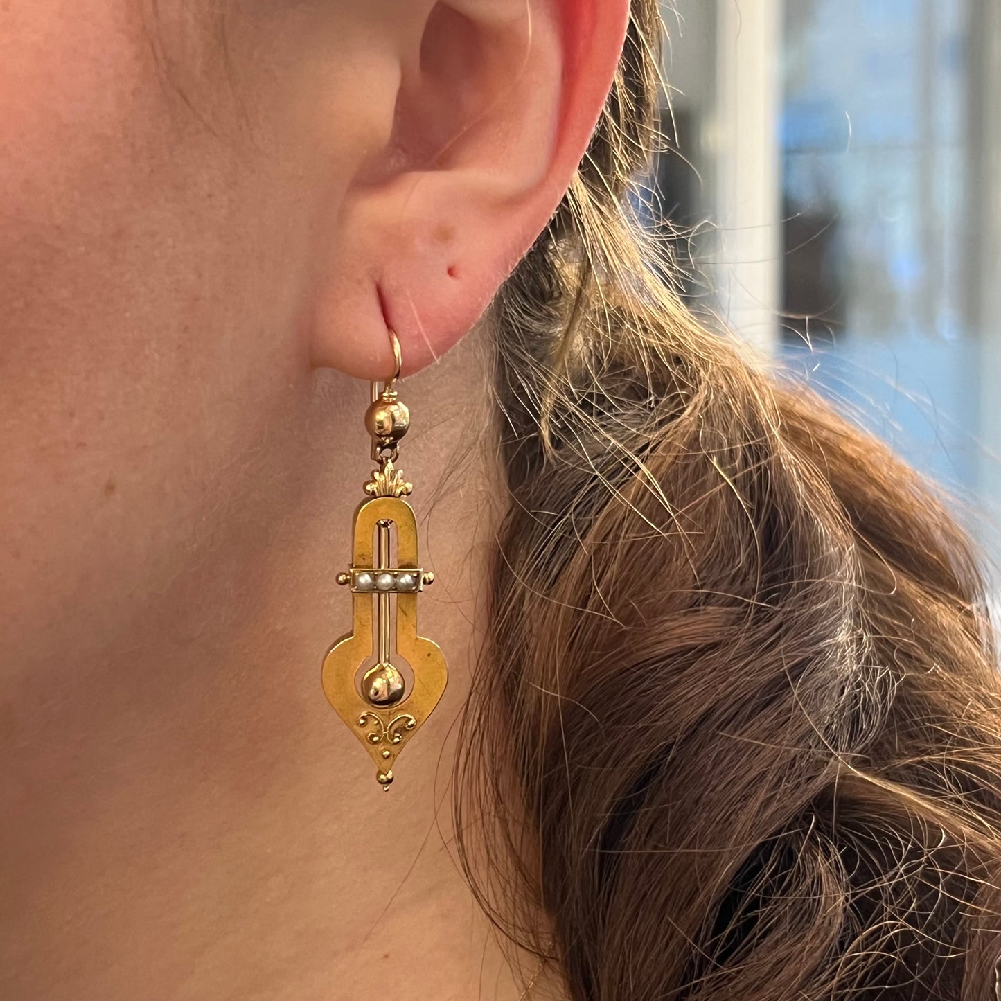 Victorian Ornate Pearl Drop Earrings in 14k Yellow Gold