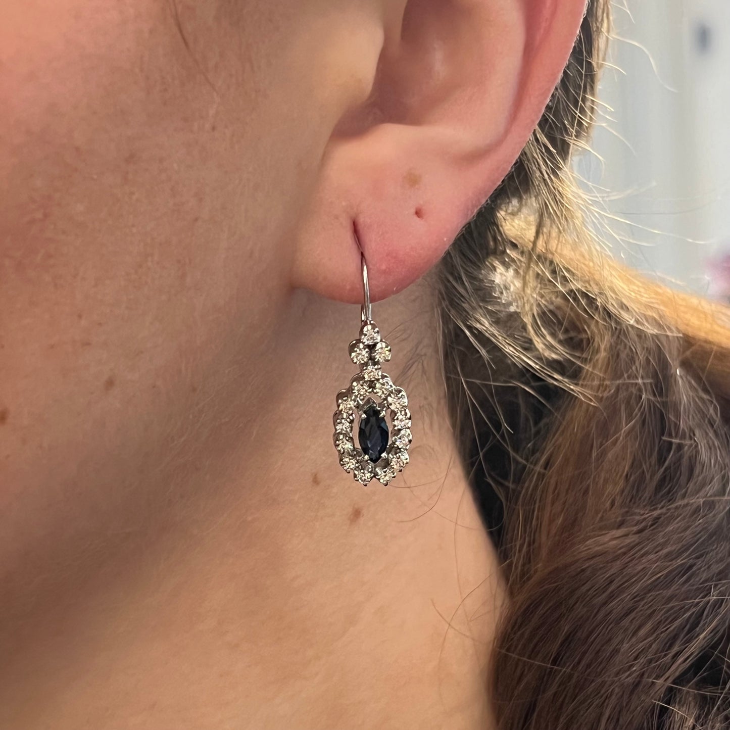 Marquise Sapphire & Diamond Cluster Earrings in 14k White Gold