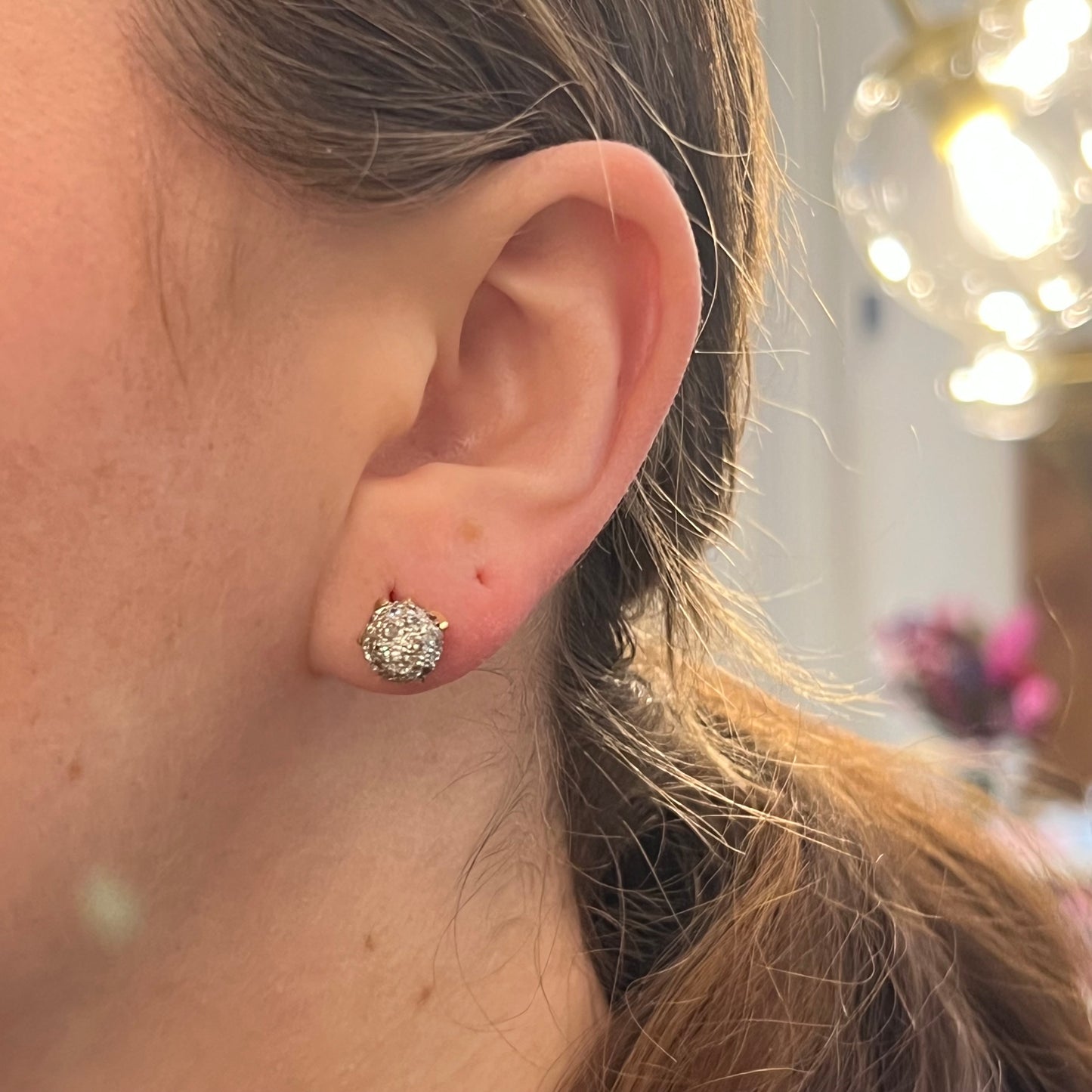 Pave Diamond Ball Stud Earrings in 18k Gold & Platinum