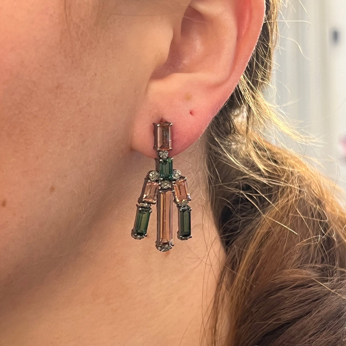 Pink & Green Tourmaline Drop Earrings in Sterling Silver
