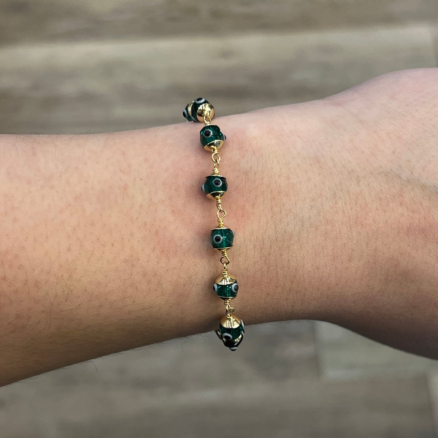 Hand Painted Green Glass Bead Evil Eye Bracelet in 14k Gold