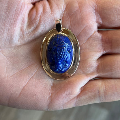 Victorian Carved Lapis Pisces Fish Pendant in 9k Yellow Gold