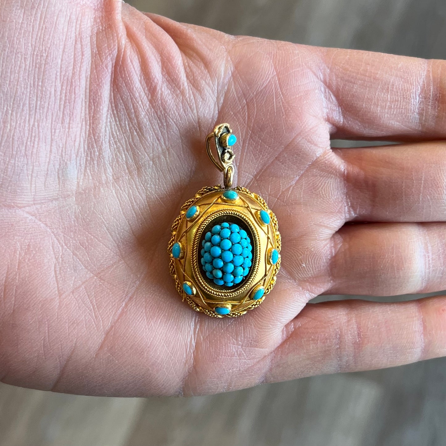 Victorian Ornate Turquoise Cluster Pendant in 18k Yellow Gold
