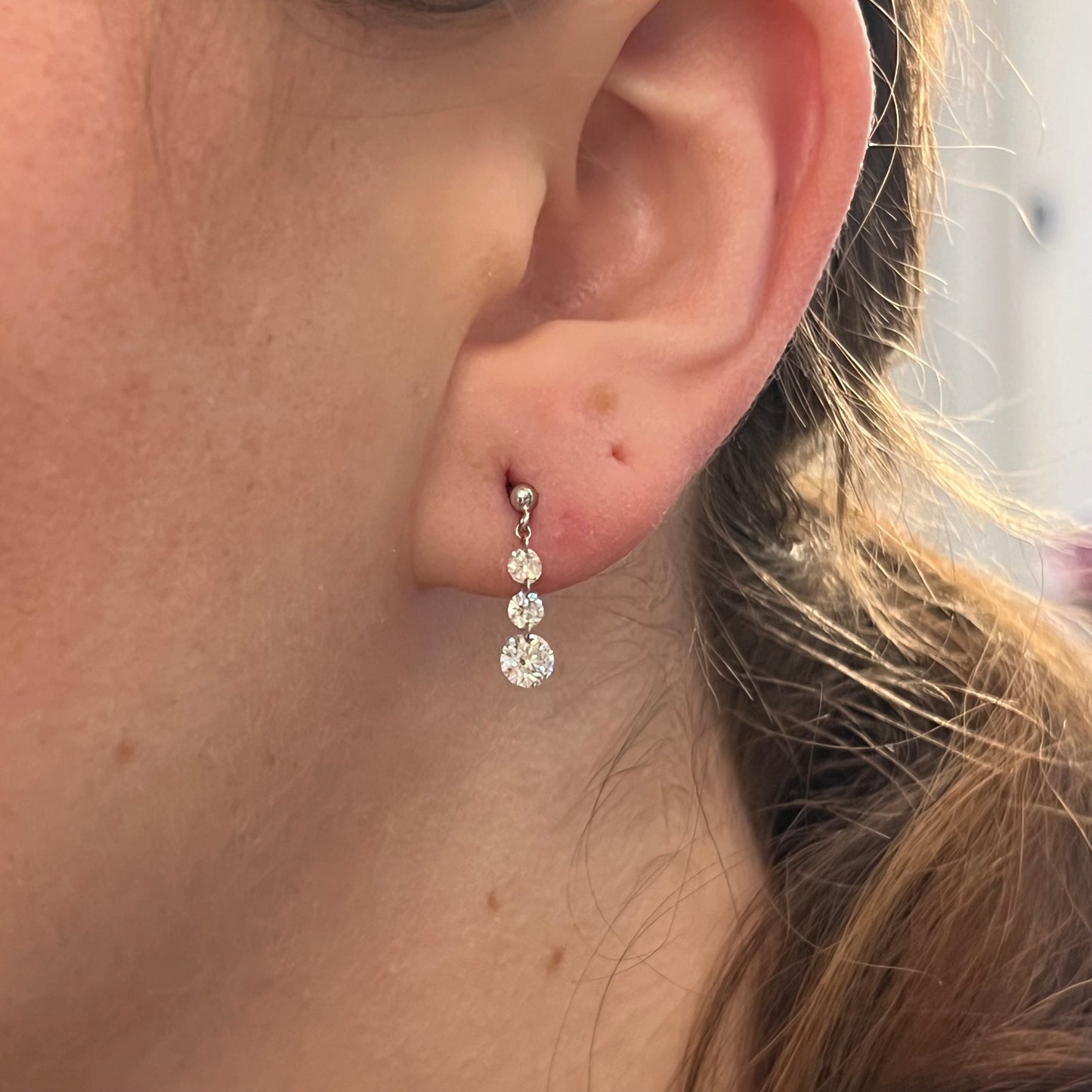 Three Stone Diamond Drop Earrings in Platinum
