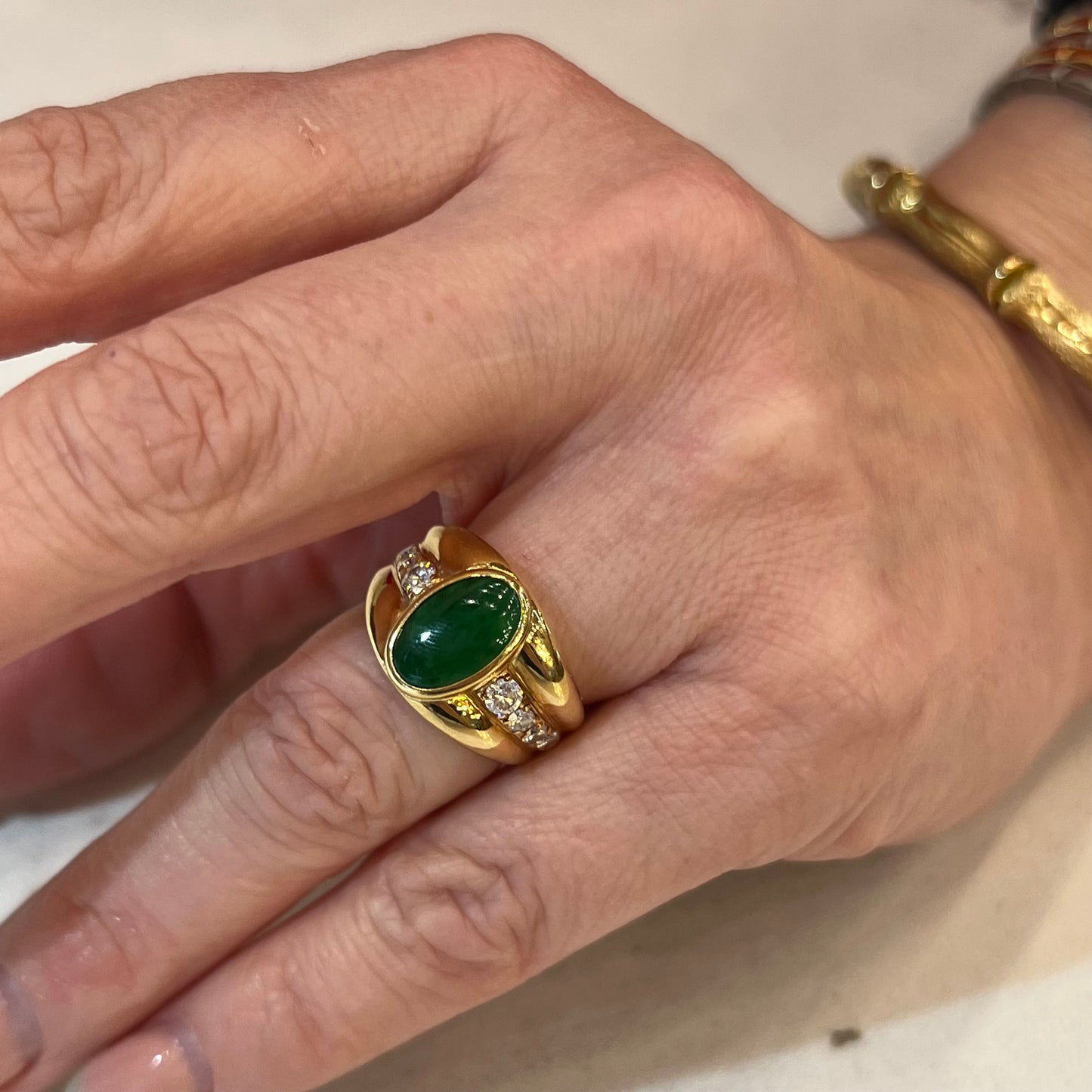 Vintage Inspired Jade & Diamond Ring in 18k Yellow Gold