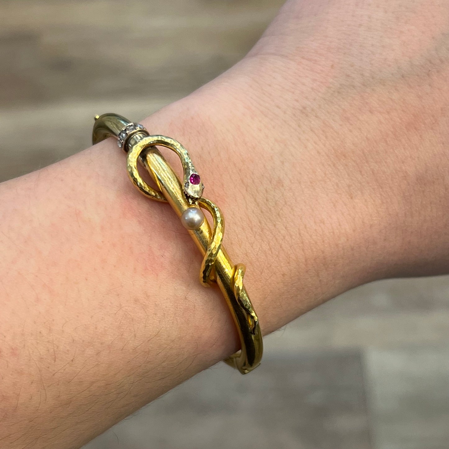 Victorian Snake Wrapped Bangle Bracelet with Diamonds in 14k Gold