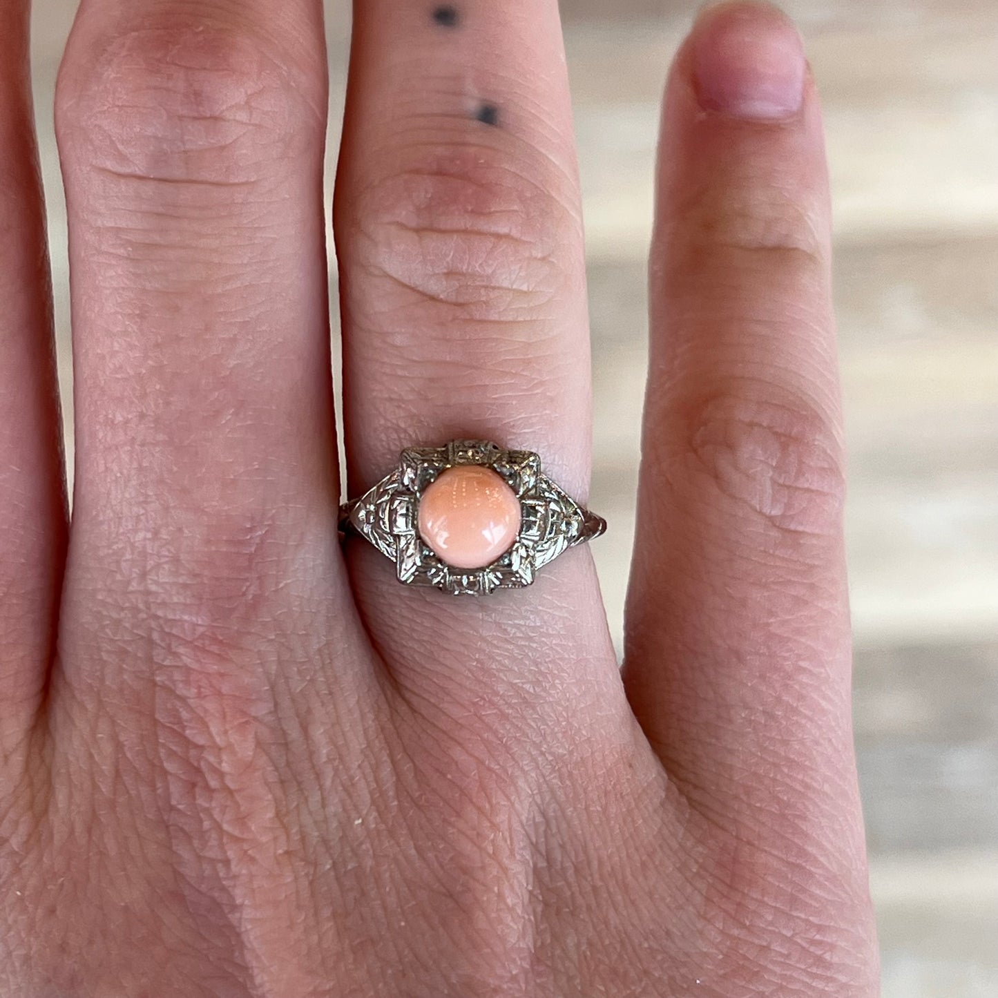 Antique Art Deco Cabochon Cut Coral Cocktail Ring in 18k White Gold