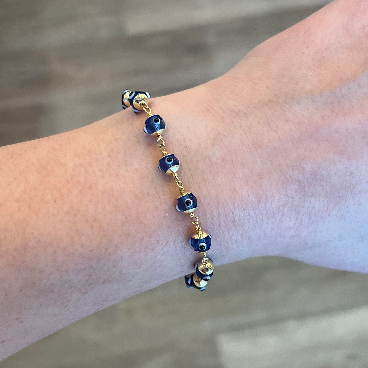 Hand Painted Blue Glass Bead Evil Eye Bracelet in 14k Gold