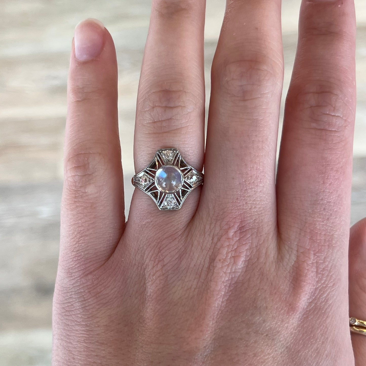 Antique Right Hand Ring Art Deco Moonstone in Platinum & 14k Yellow Gold