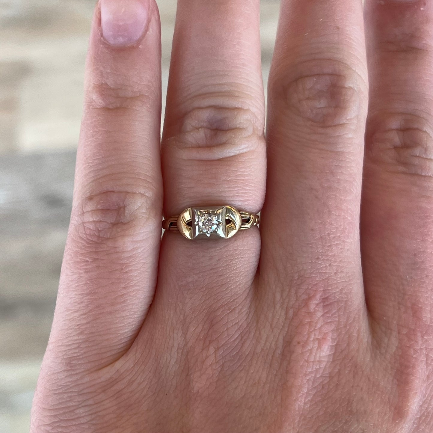 Two Tone Diamond Ring Retro 1940's in 14k Yellow Gold