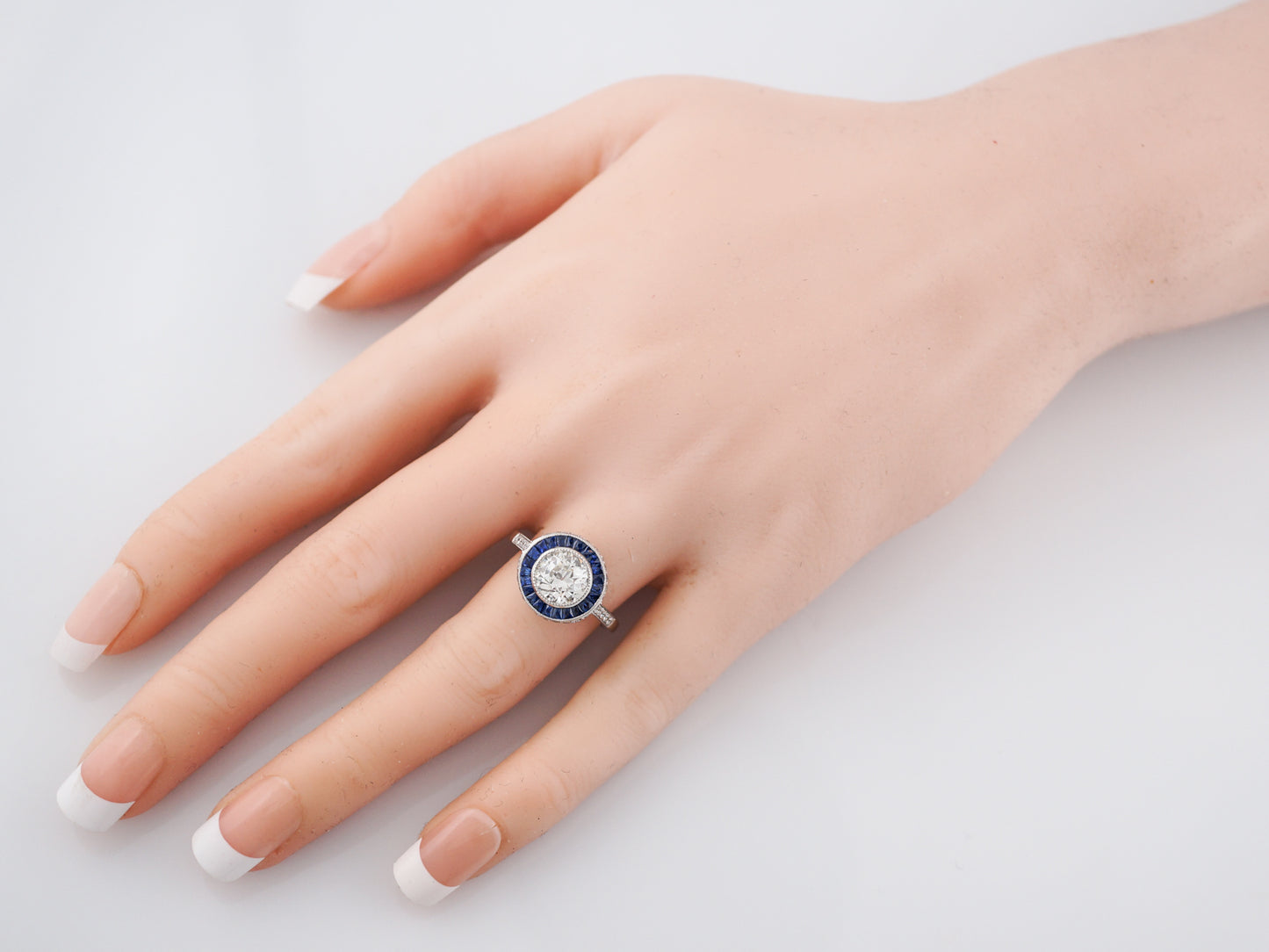 Engagement Ring Modern 1.50 Round Brilliant Cut Diamond & .66 French Cut Sapphires in Platinum