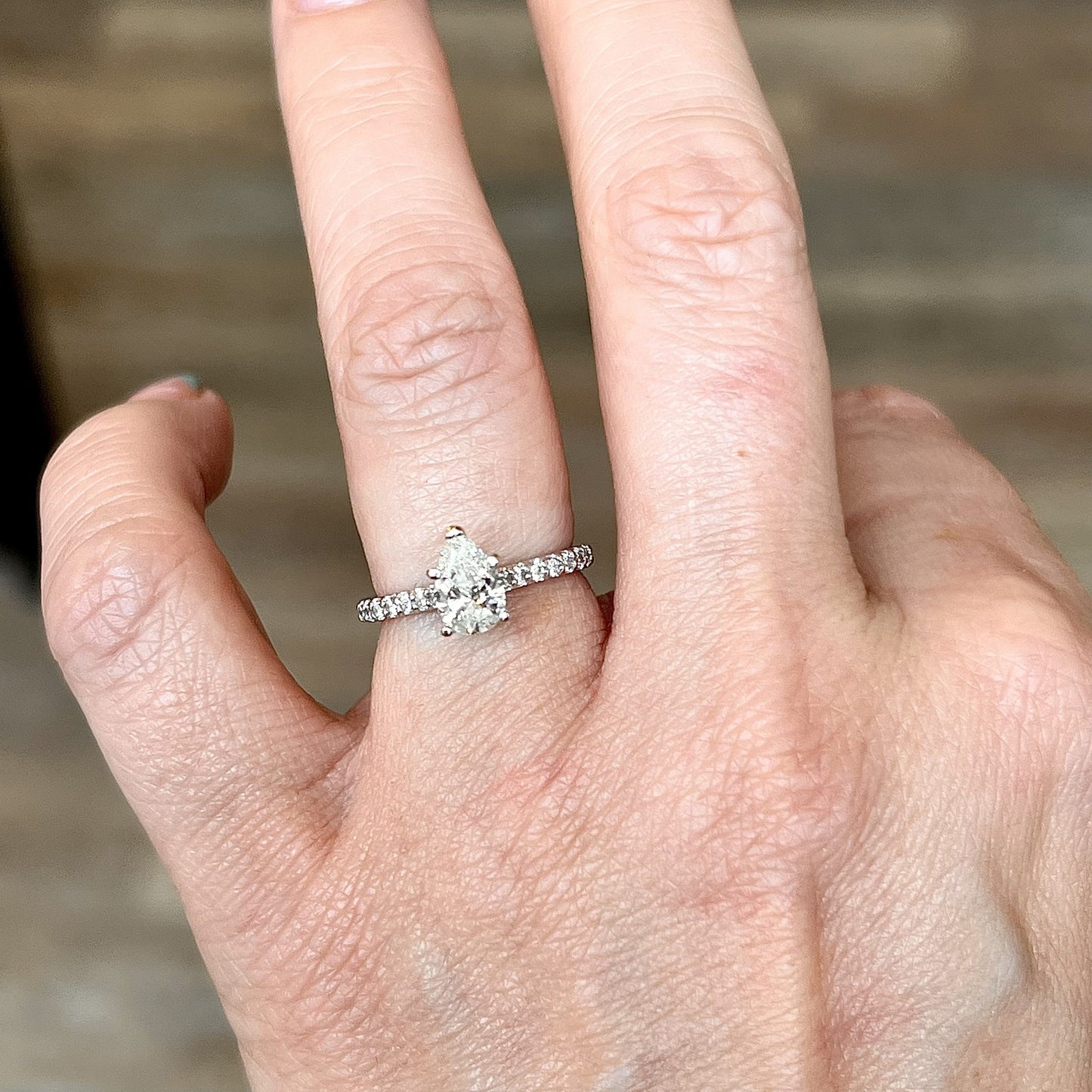 Pave Band Pear Cut Diamond Engagement Ring in 14k White Gold