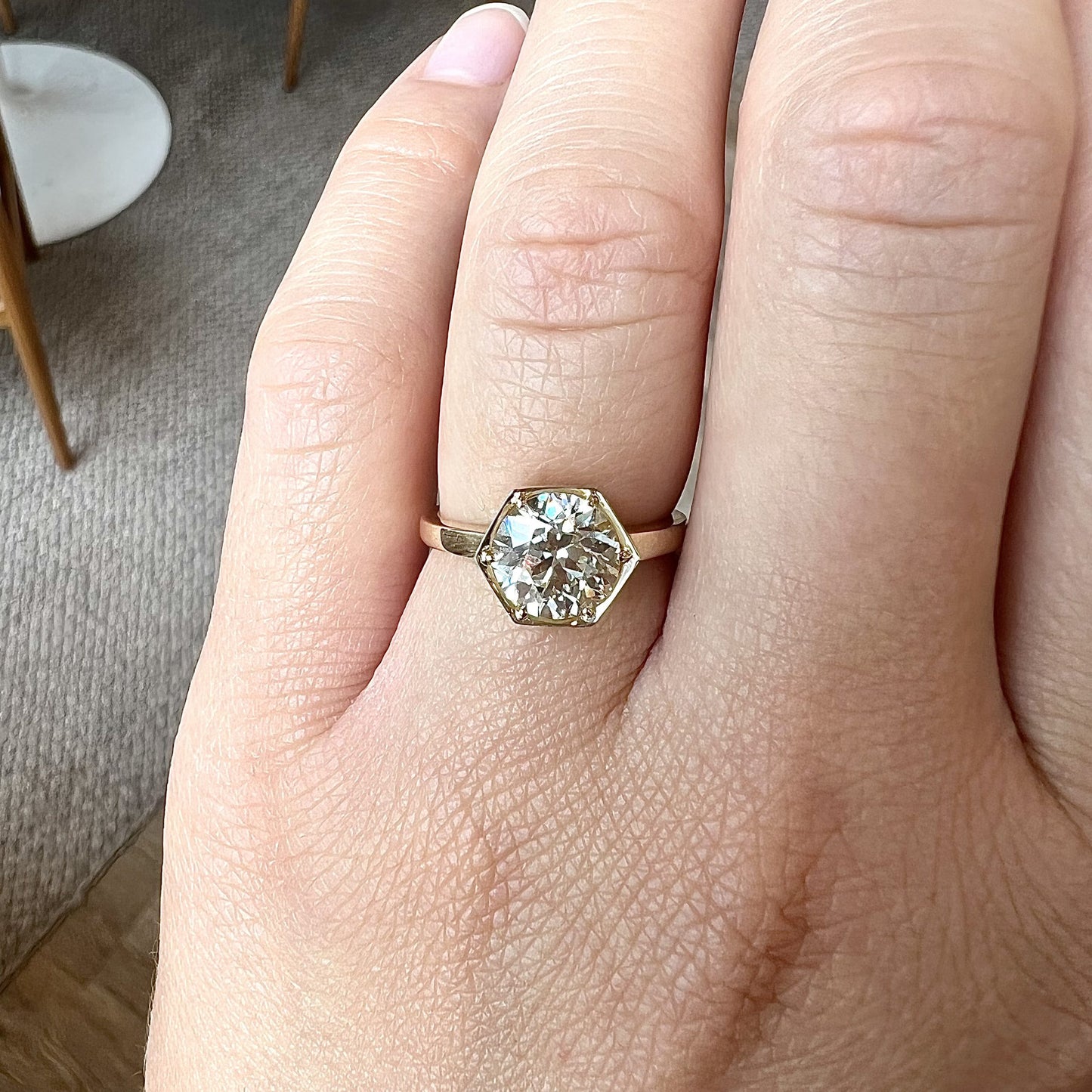 Hexagonal Solitaire Diamond Engagement Ring in 14k Yellow Gold