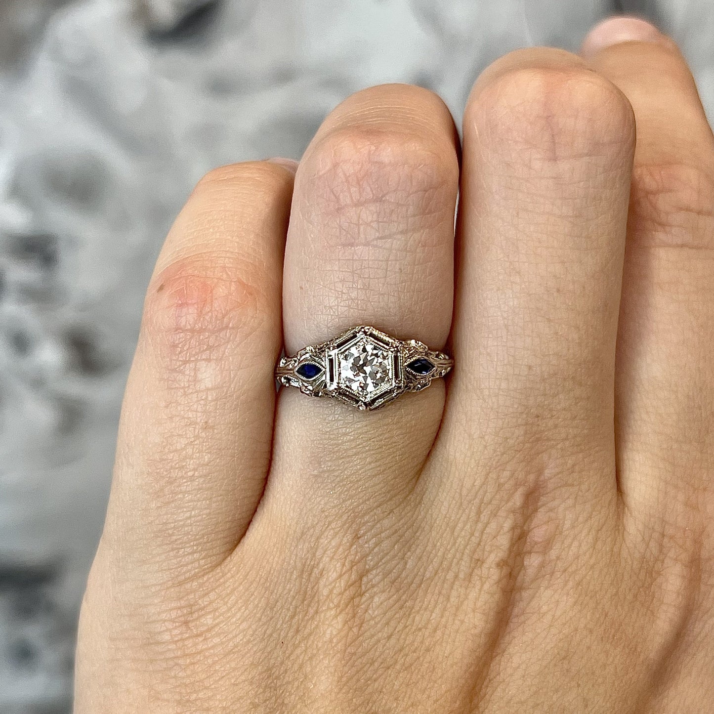 Sapphire Accent Diamond Engagement Ring in 18k White Gold