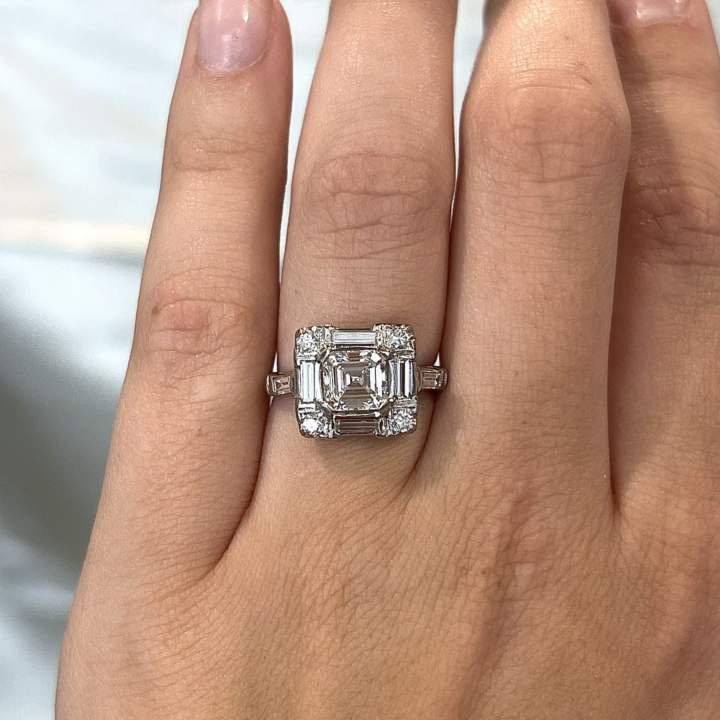 Square Emerald Cut Diamond Cocktail Ring in Platinum