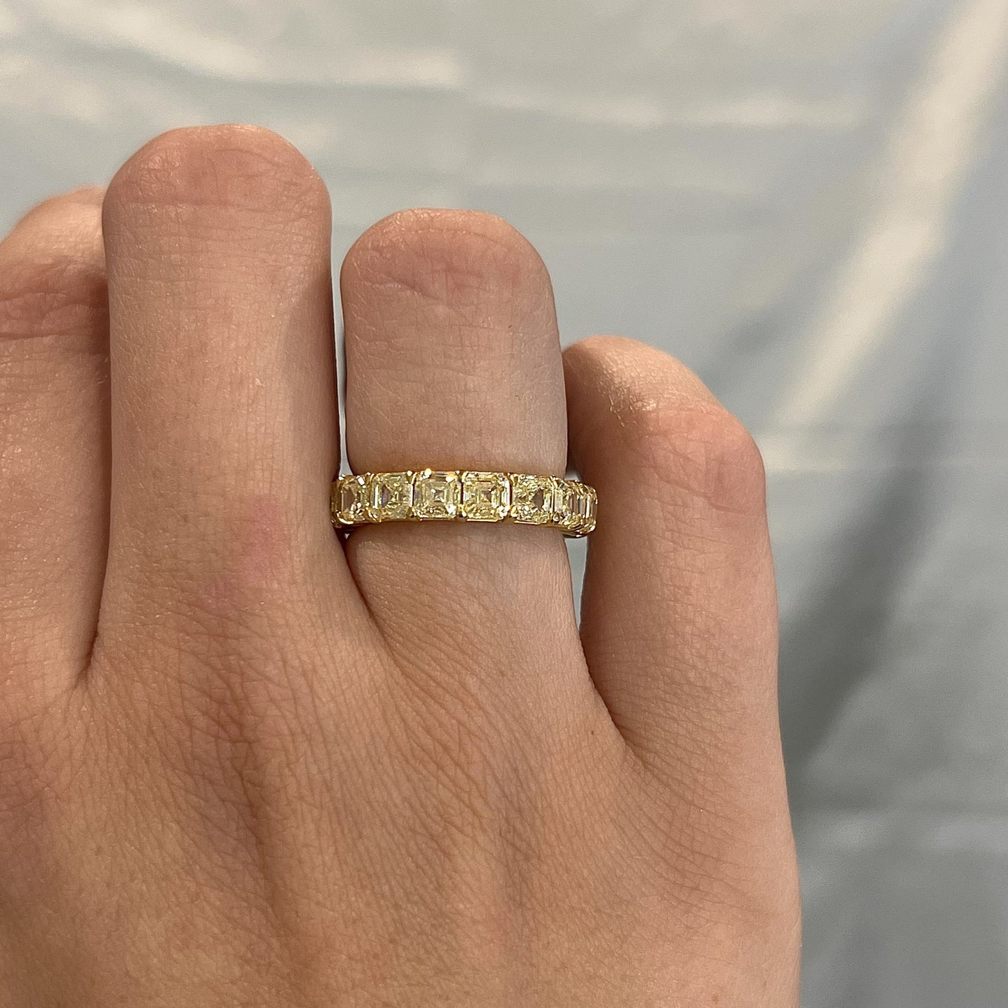 6.70 Fancy Yellow Asscher Cut Diamond Eternity Band in 18k