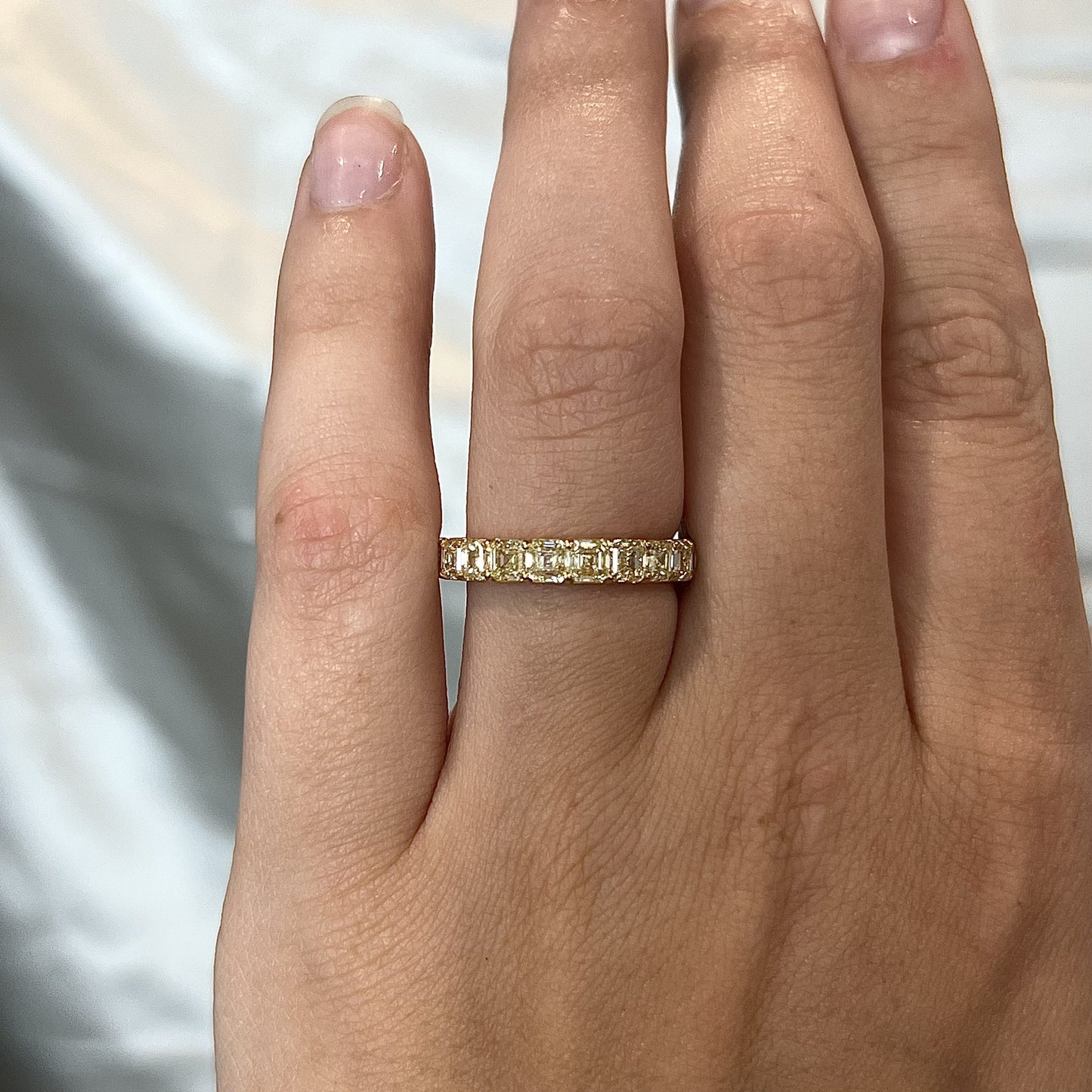 5.56 Fancy Yellow Asscher Cut Diamond Eternity Band in 18k