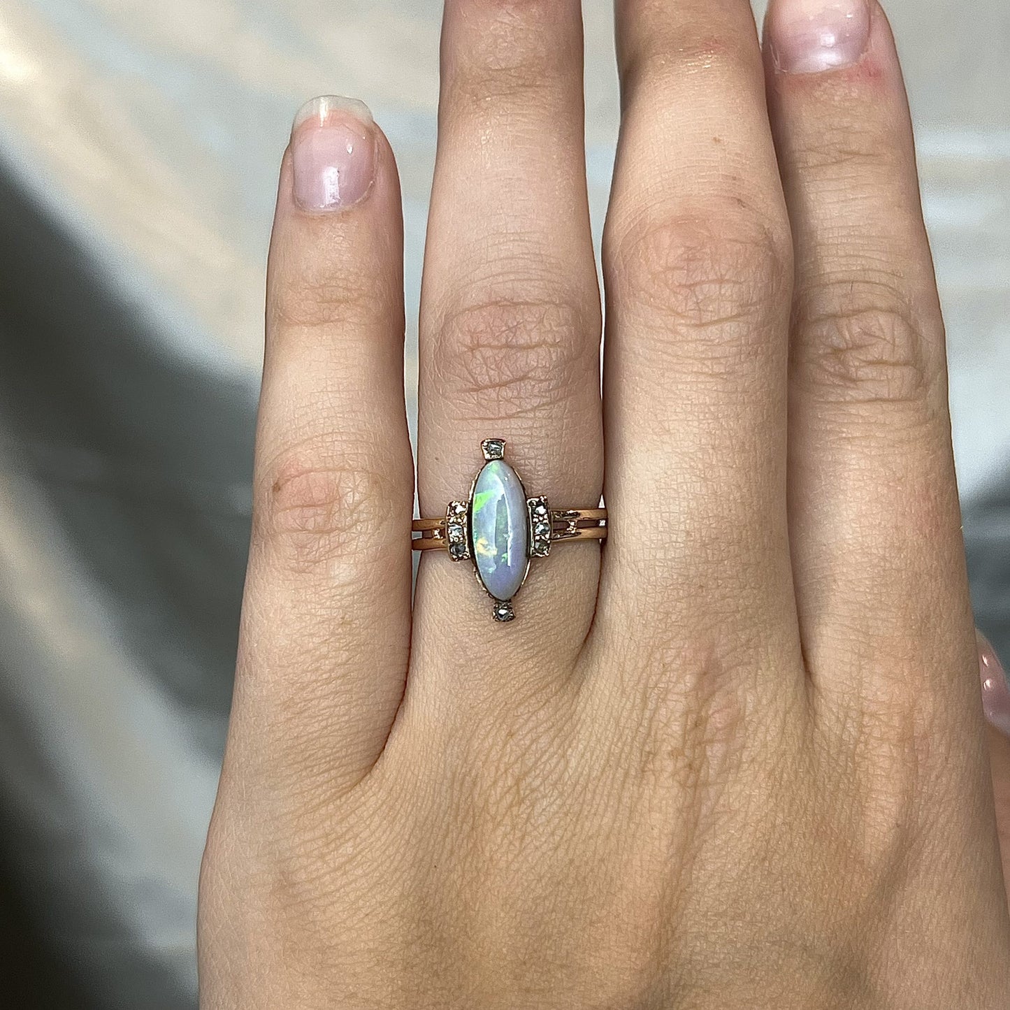 Victorian Oval Opal & Diamond Ring in 14k Yellow Gold