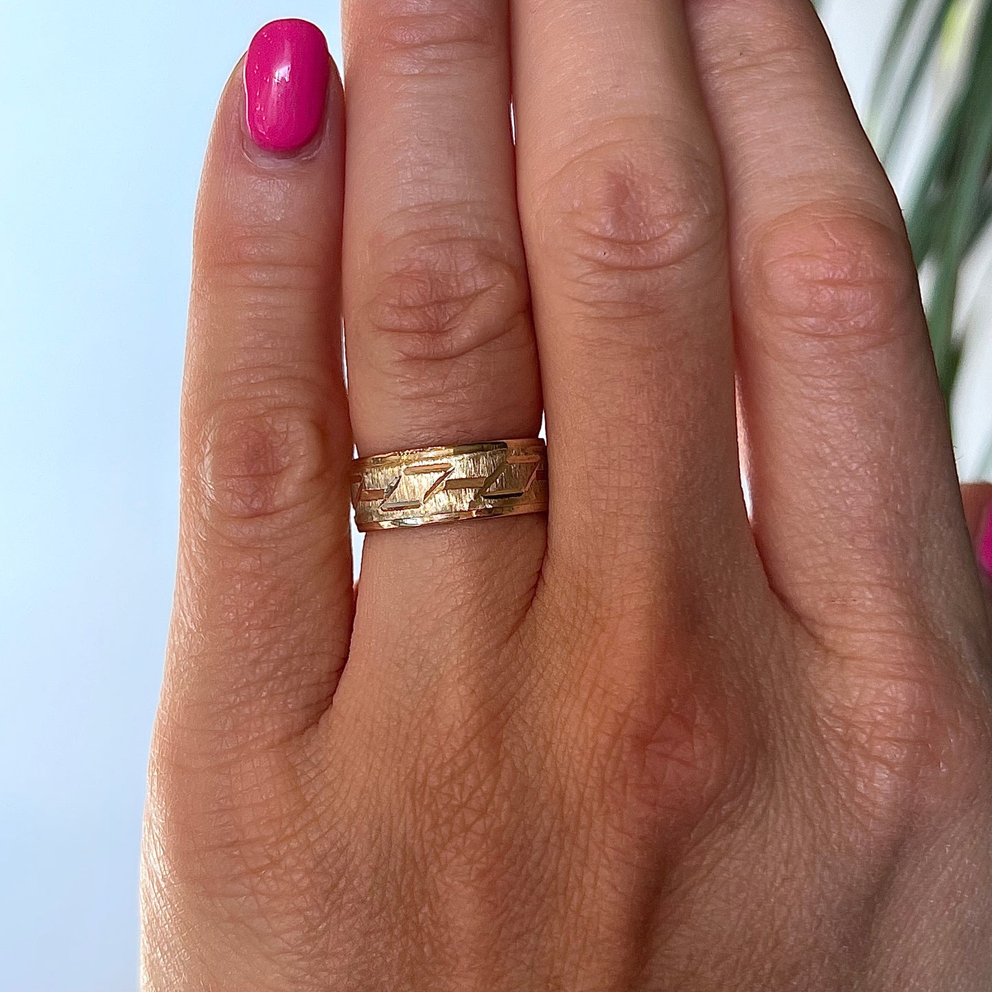 Engraved Textured Wedding Band in 14k Yellow Gold