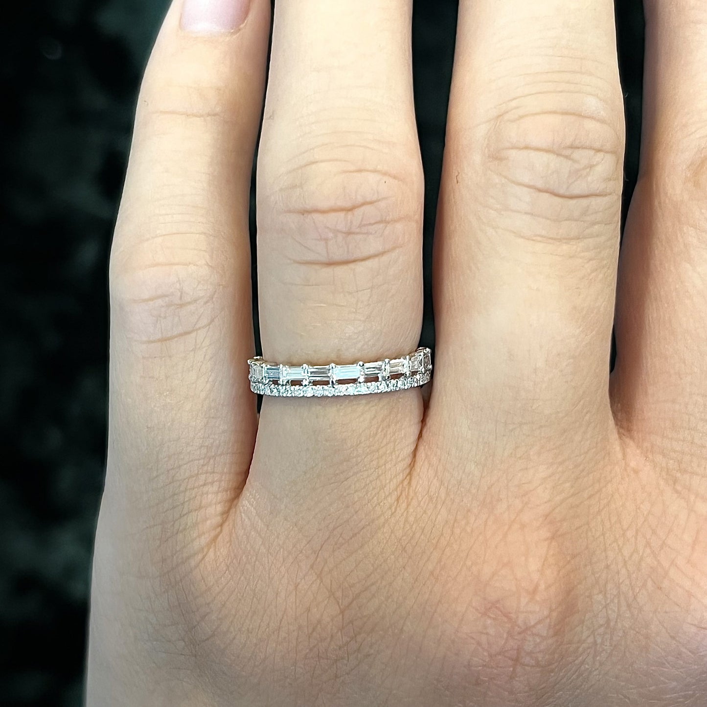 Stacked Baguette & Round Diamond Ring in 14k White Gold