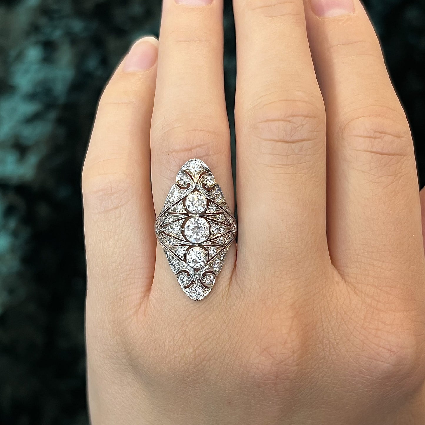 Art Deco Navette Diamond Cocktail Ring in Platinum