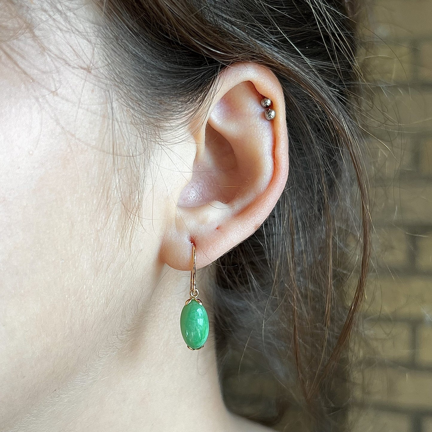 Oval Jade Drop Earrings in 14k Yellow Gold