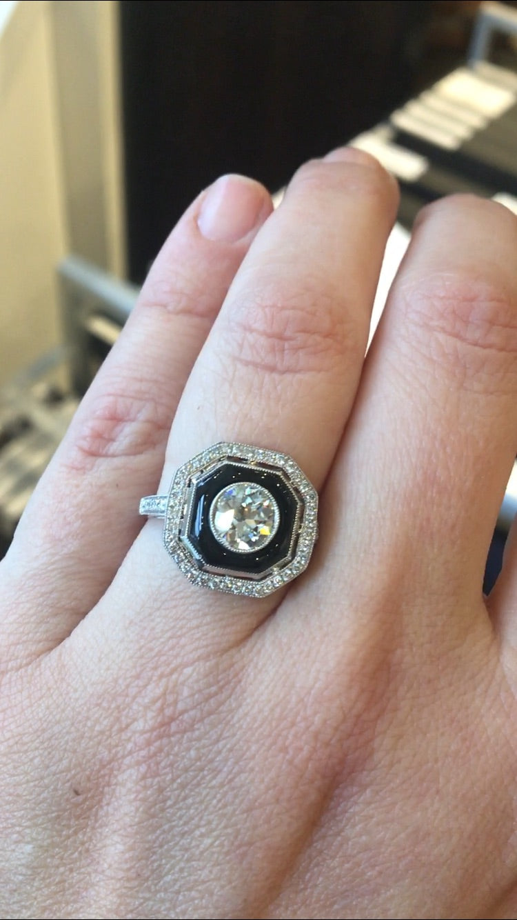 Right Hand Ring Modern Old European Cut Diamond Onyx in