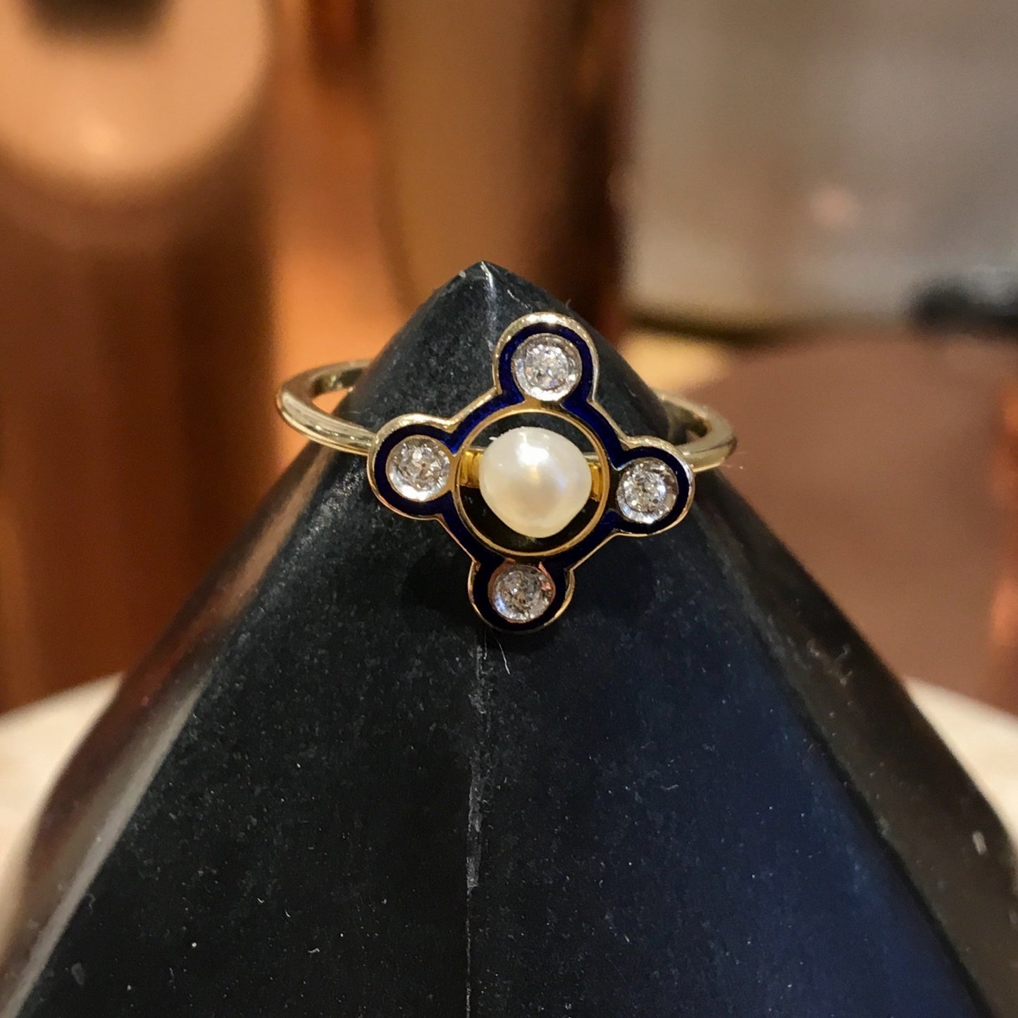 Antique Right Hand Ring Victorian Seed Pearl & .04 Old Mine Cut Diamonds in 14K Yellow Gold