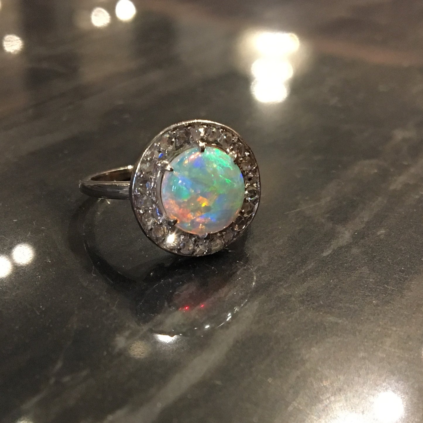 Antique Right Hand Ring Art Deco 1.00 Cabochon Cut Opal & .23 Rose Cut Diamonds in Platinum