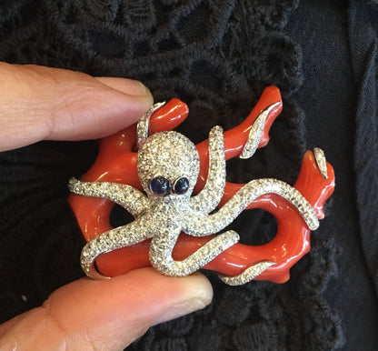 Octopus Brooch Modern 63.94 Coral & 2.68 Round Brilliant Diamonds in 18k White Gold