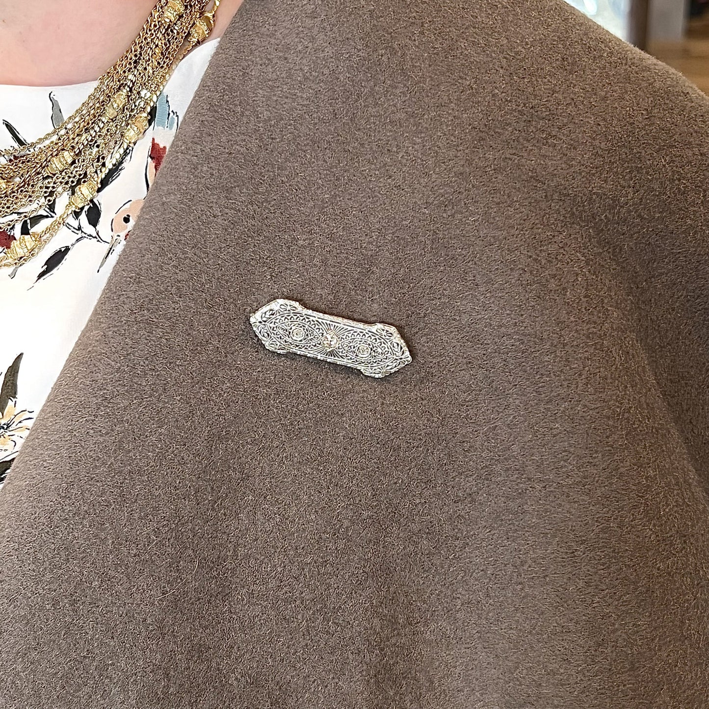 Antique Filigree Diamond Brooch in 14k White Gold