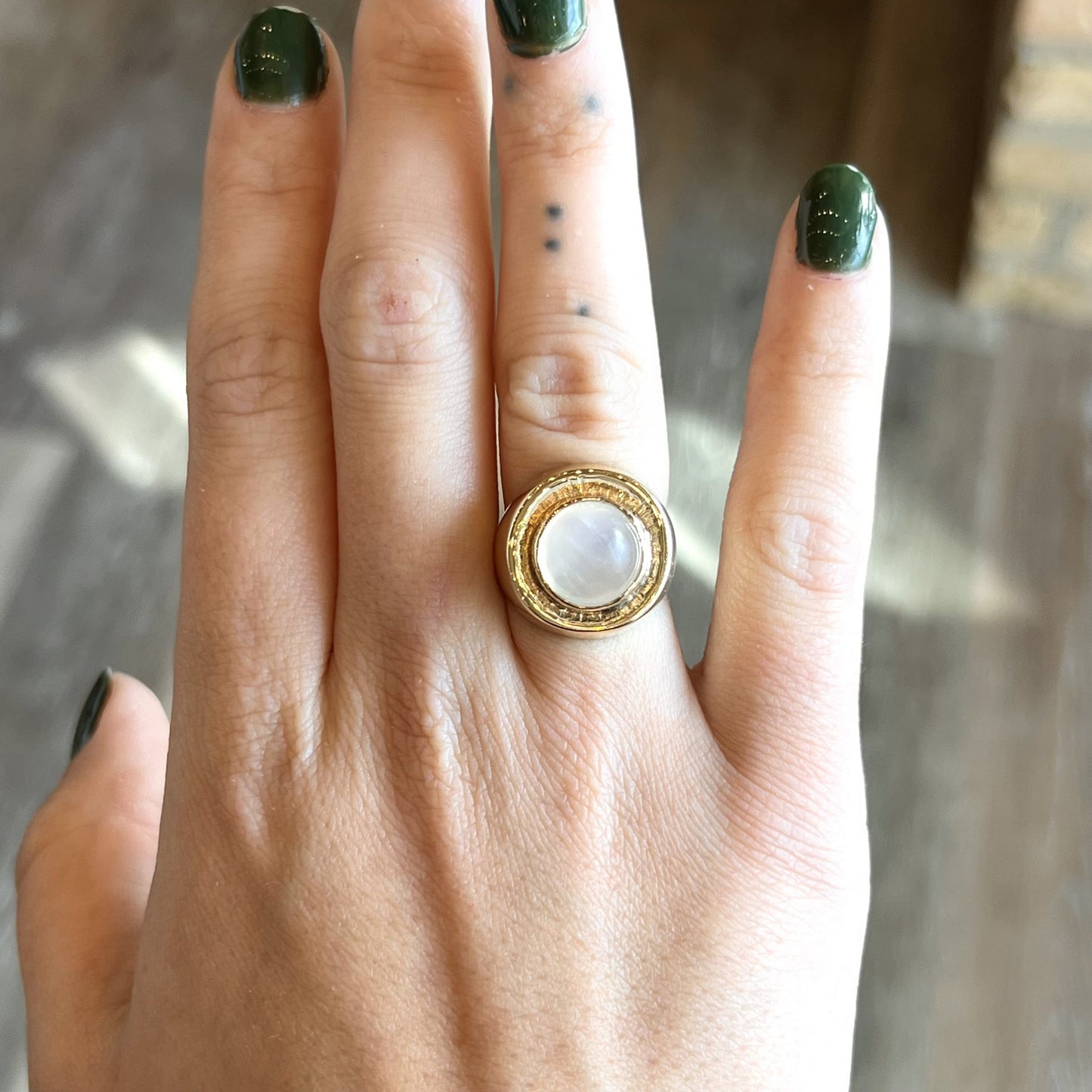 Mid-Century Round Moonstone Cocktail Ring in 14k Yellow Gold