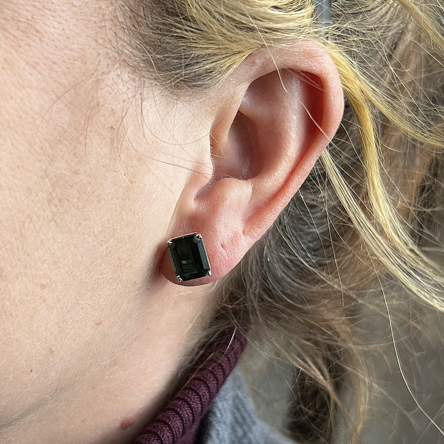 Elegant Emerald Cut Green Tourmaline Earrings in 14k Yellow Gold